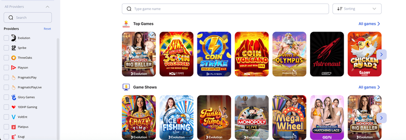 Glory Casino: available games and search interface options